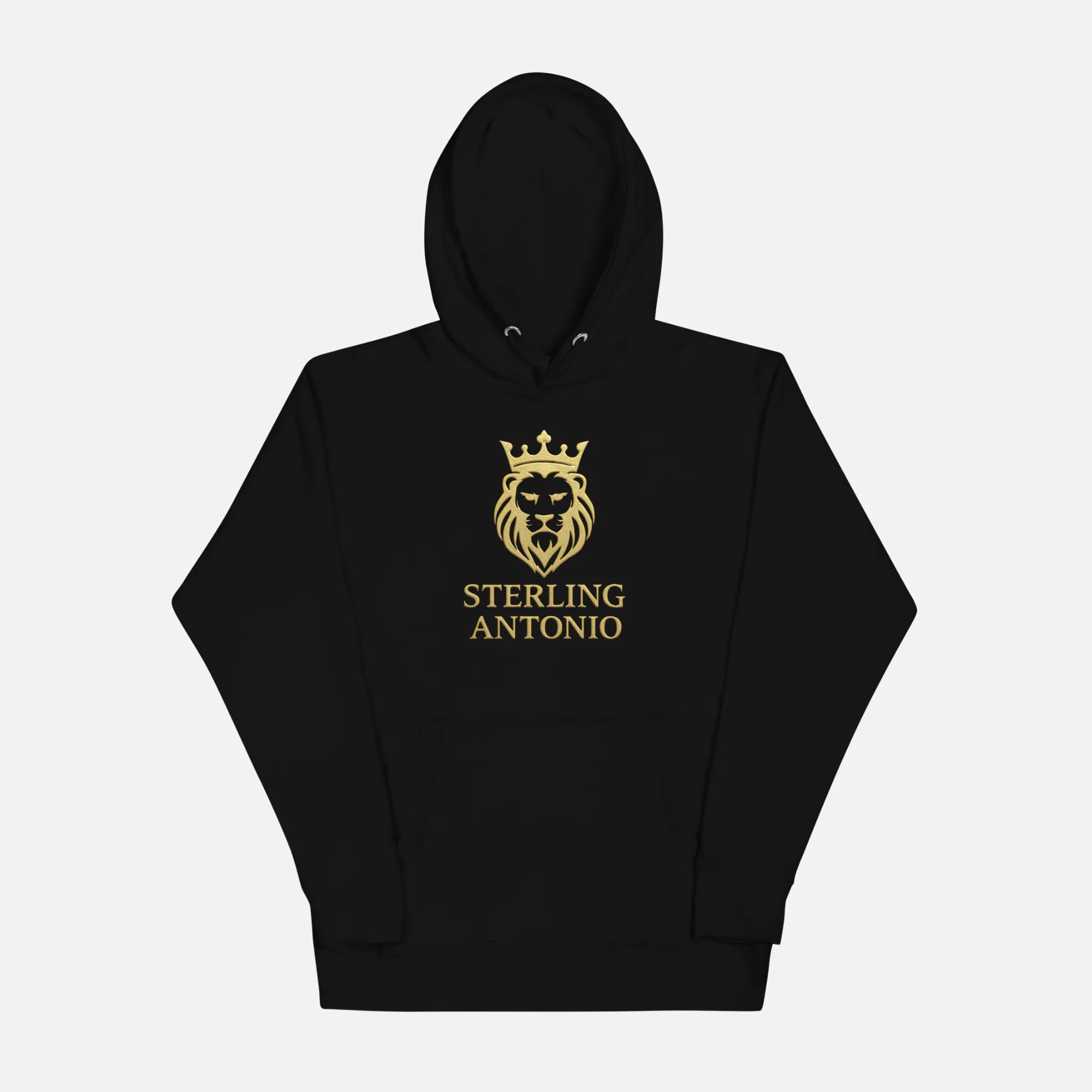 Black hoodie with gold logo and text on a white background
