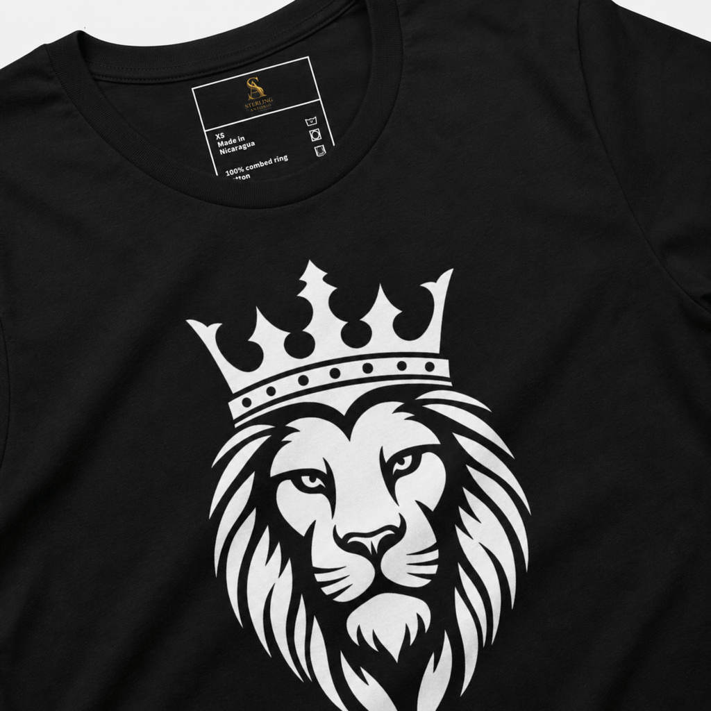 Close-up of a black Sterling Antonio cotton jersey t-shirt featuring a bold white crowned lion graphic print with premium neckline detailing.