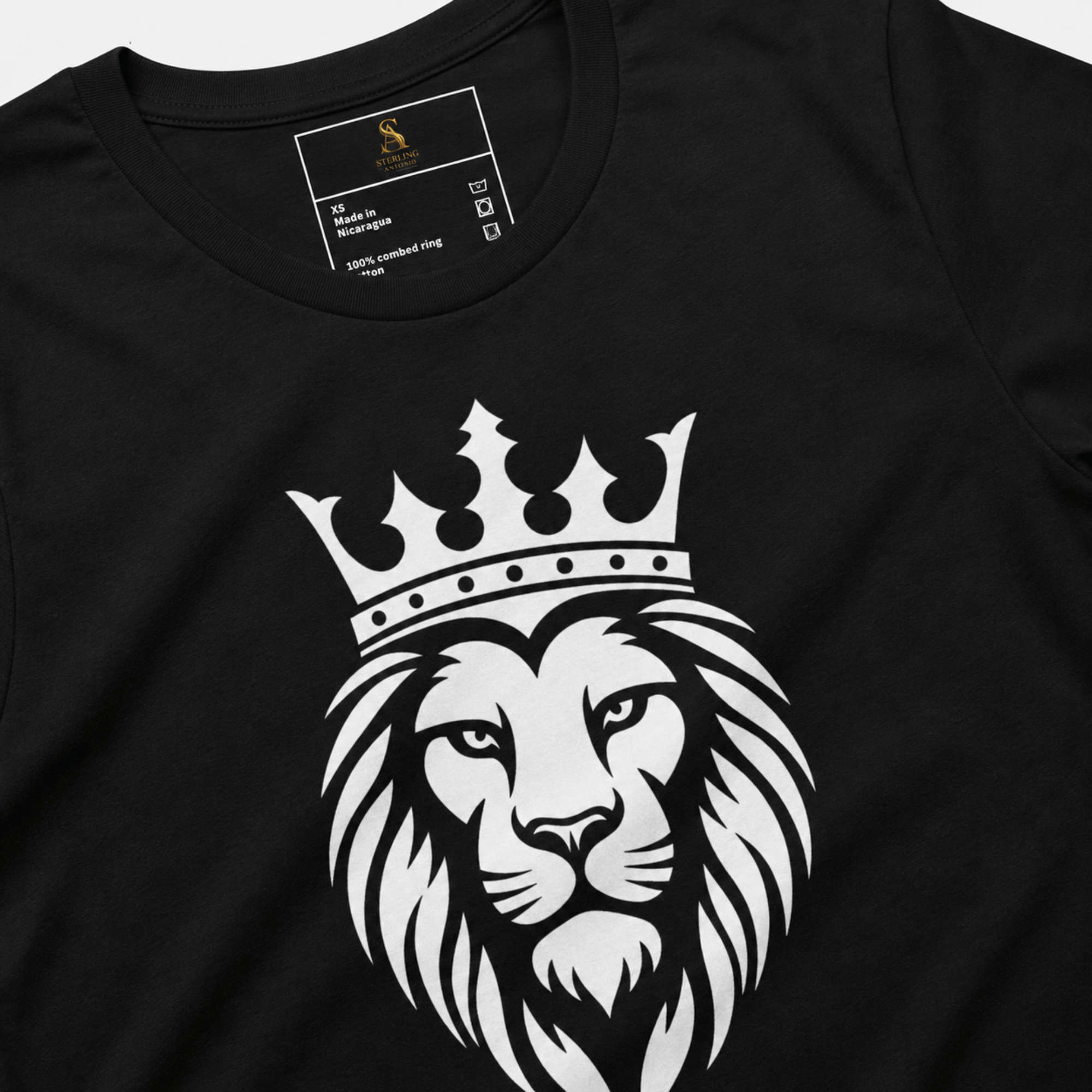Close-up of a black Sterling Antonio cotton jersey t-shirt featuring a bold white crowned lion graphic print with premium neckline detailing.