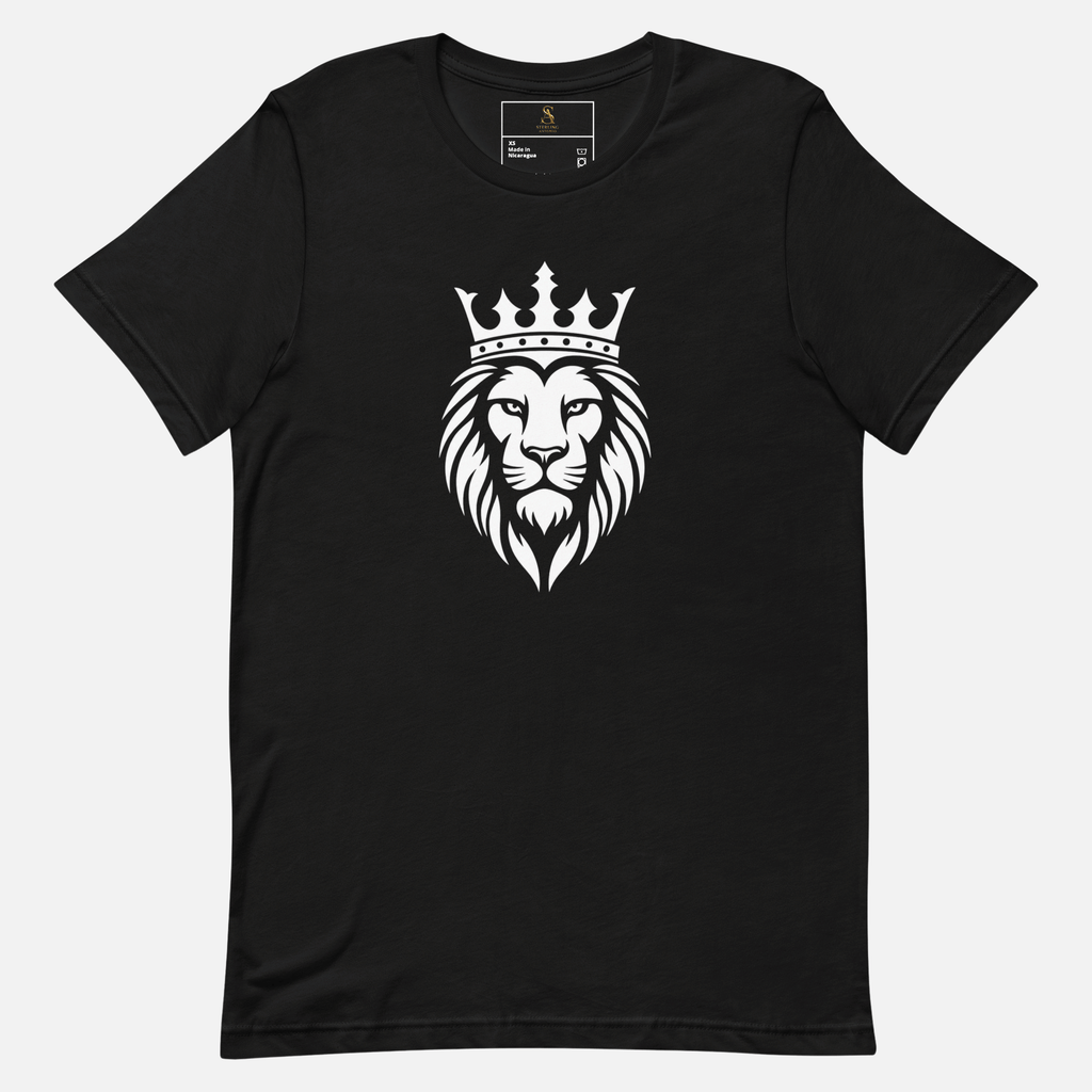 Front view of a black Sterling Antonio cotton jersey t-shirt featuring a bold white crowned lion graphic print on a light grey background.