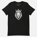Front view of a black Sterling Antonio cotton jersey t-shirt featuring a bold white crowned lion graphic print on a light grey background.