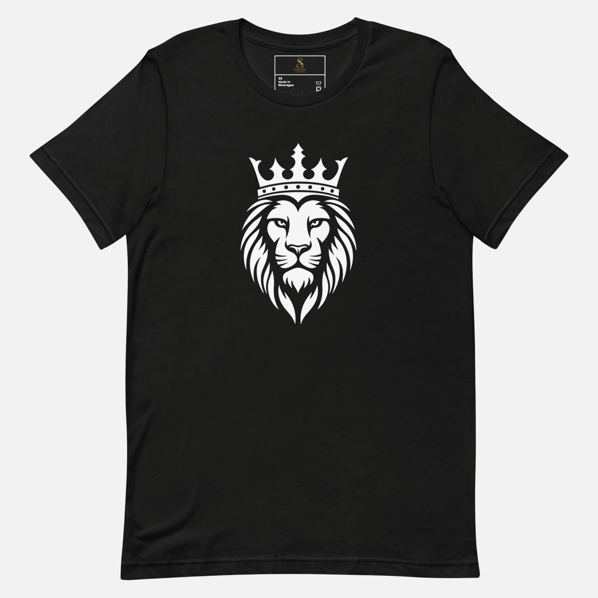 Front view of a black Sterling Antonio cotton jersey t-shirt featuring a bold white crowned lion graphic print on a light grey background.