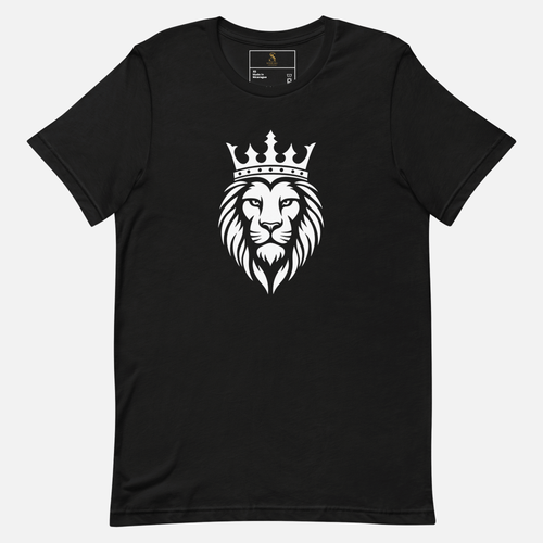 Front view of a black Sterling Antonio cotton jersey t-shirt featuring a bold white crowned lion graphic print on a light grey background.