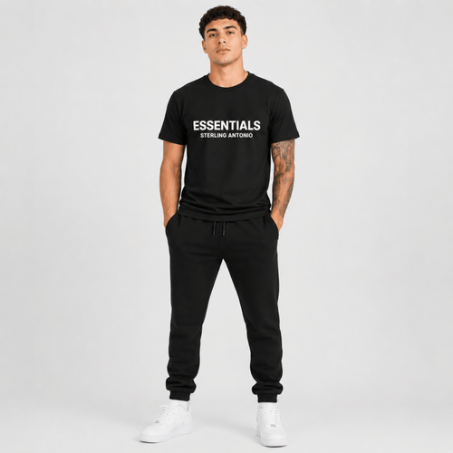 Male fashion model wearing a black Essentials Sterling Antonio cotton jersey t-shirt and black sweatpants.
