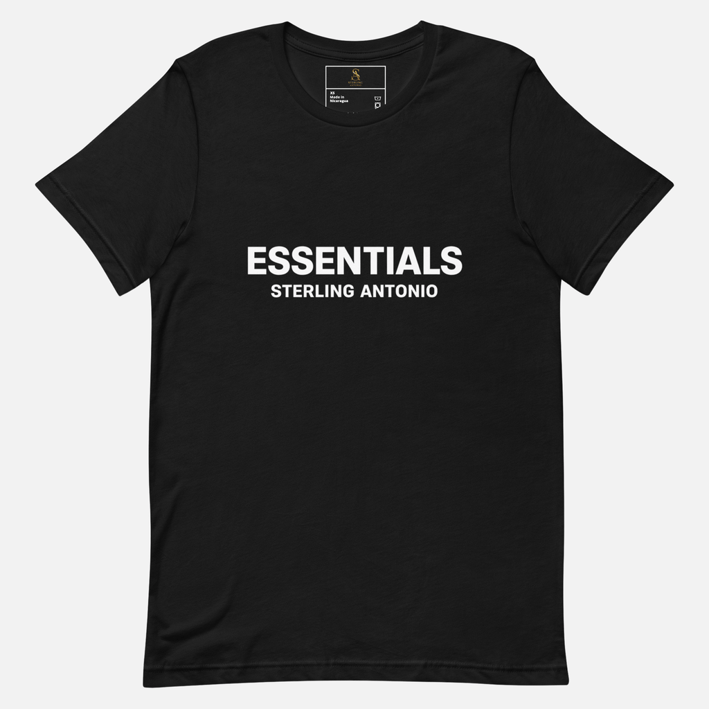 Black Essentials Sterling Antonio printed t-shirt front view.