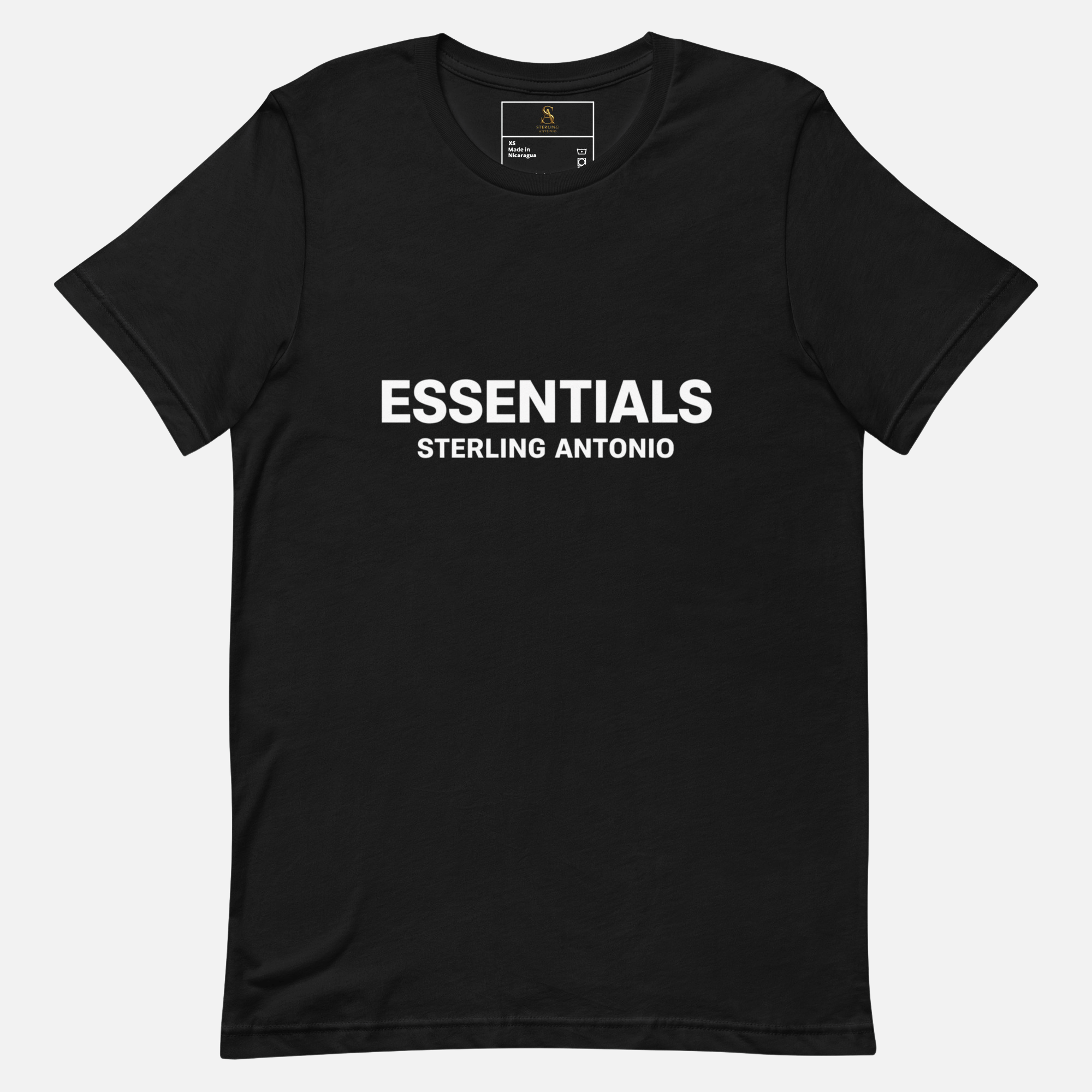 Black Essentials Sterling Antonio printed t-shirt front view.