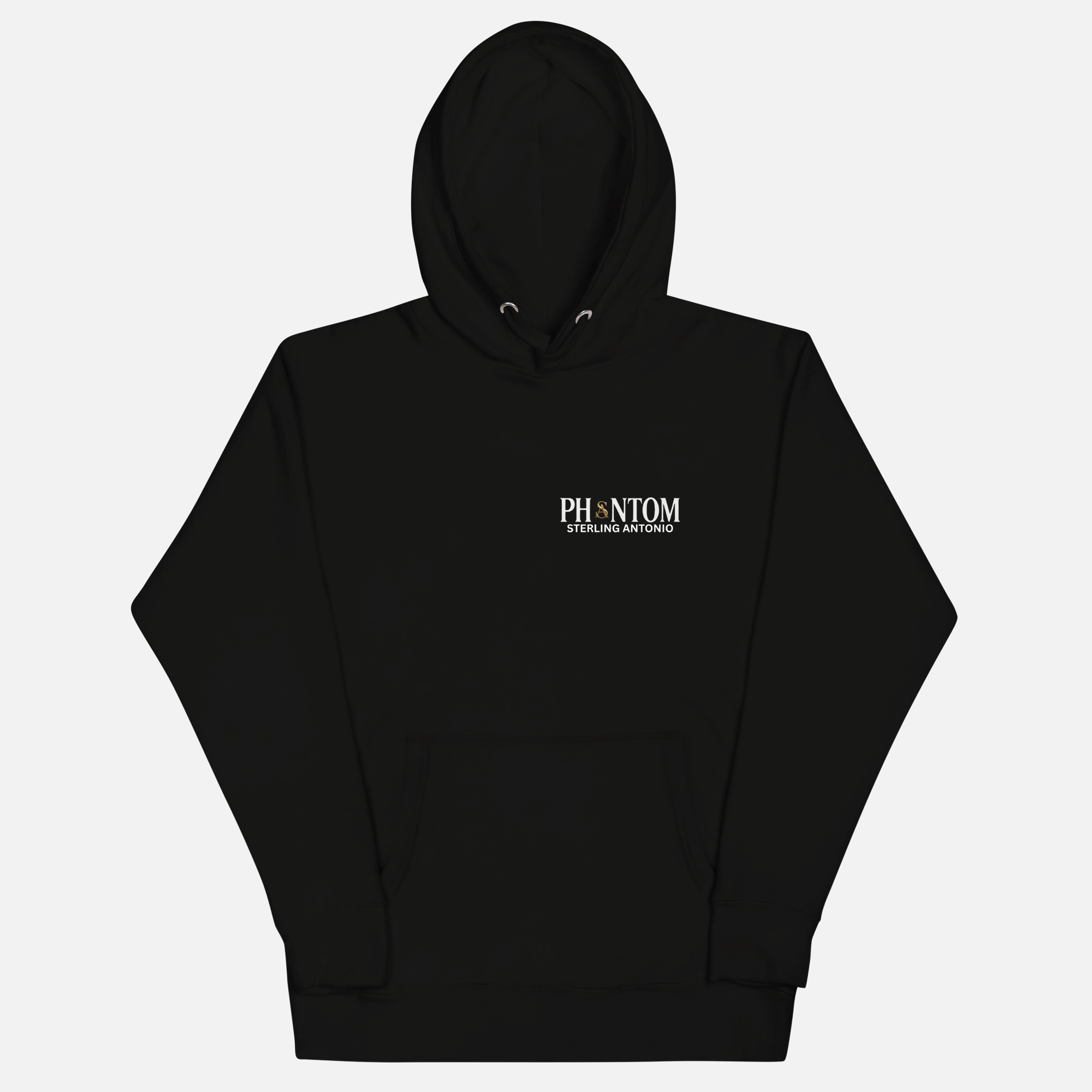 Black Sterling Antonio Phantom hoodie featuring minimalist front logo print and premium luxury streetwear design.