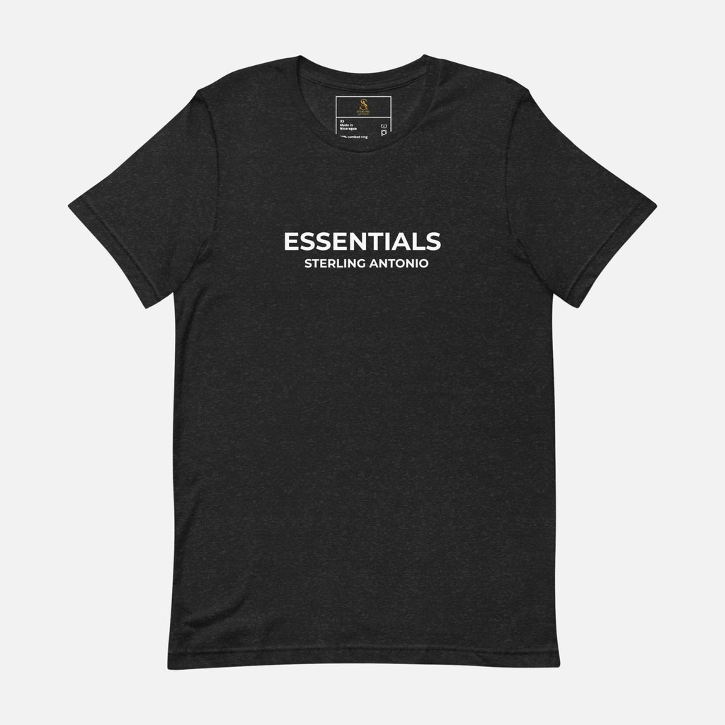 Black t-shirt with 'ESSENTIALS Sterling Antonio' text on a white background
