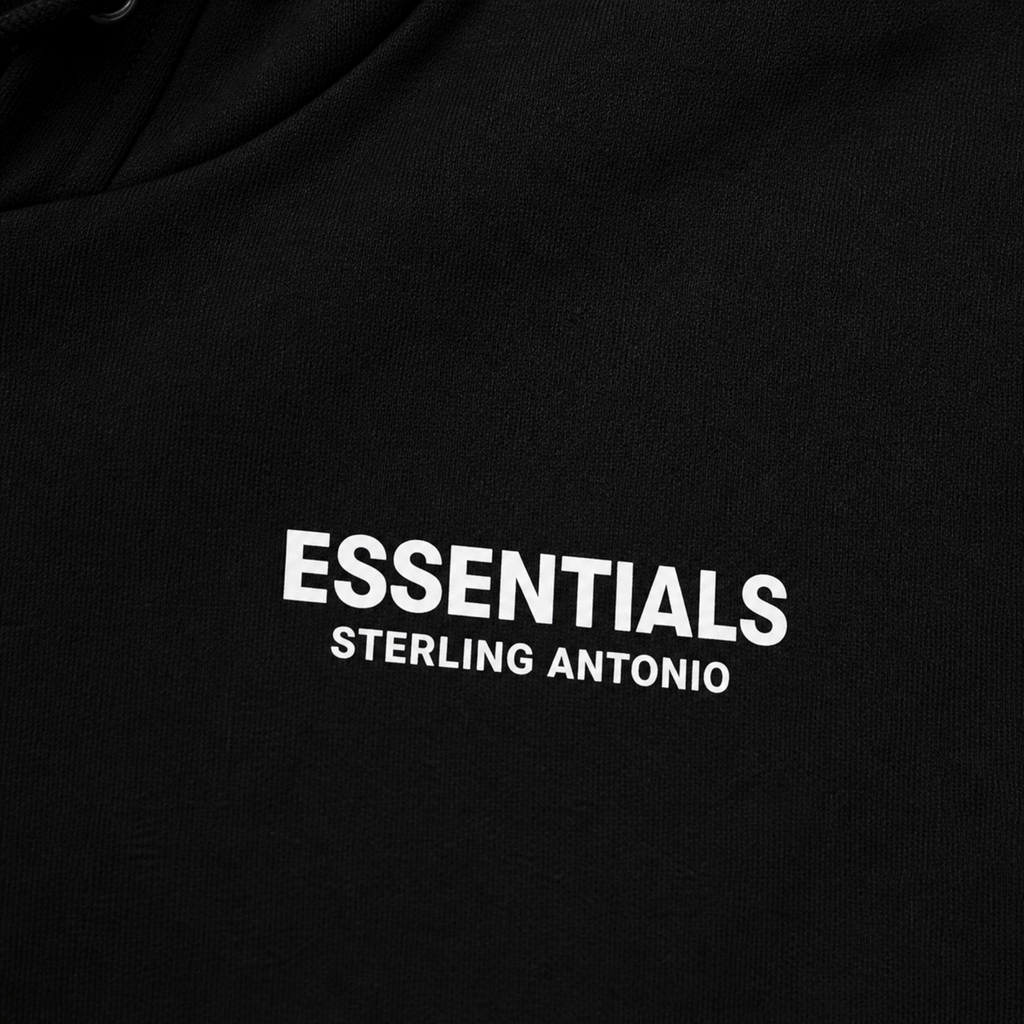 Black hoodie with 'ESSENTIALS Sterling Antonio' text on a black background