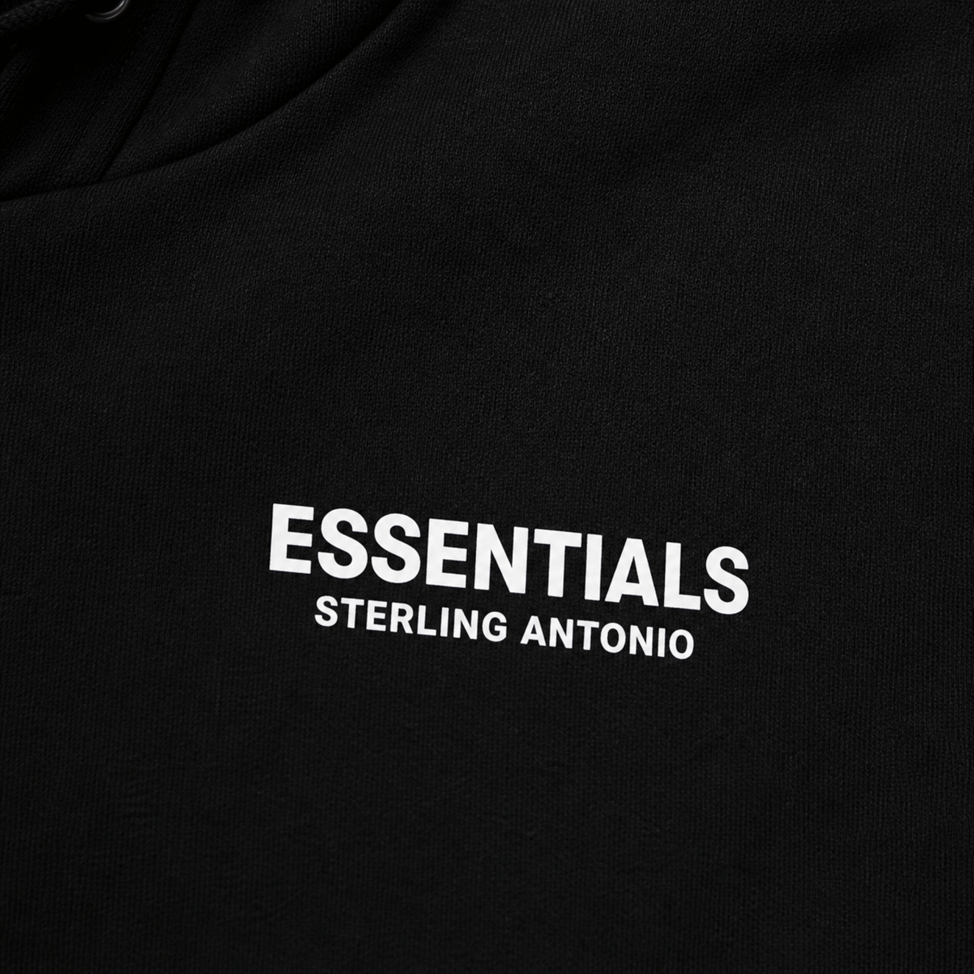 Black hoodie with 'ESSENTIALS Sterling Antonio' text on a black background