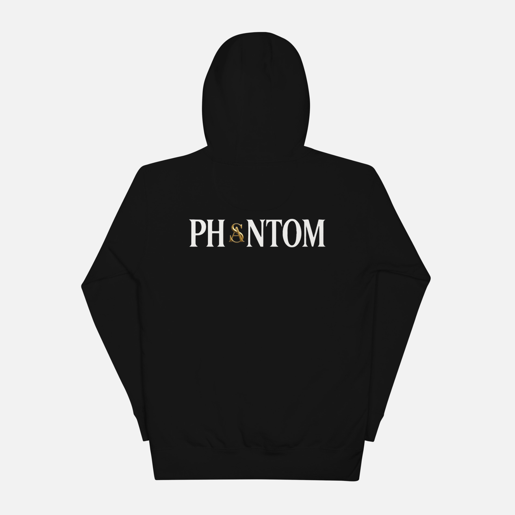 Black hoodie with 'PHANTOM' text on a white background