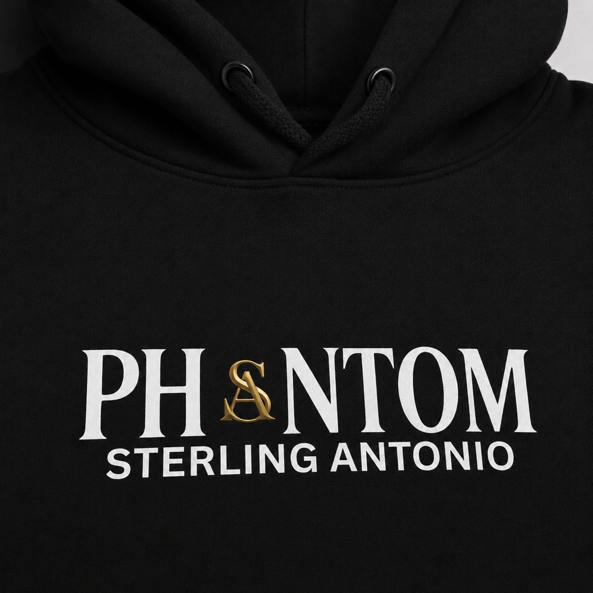 Black hoodie with 'PHANTOM Sterling Antonio' text on a plain background