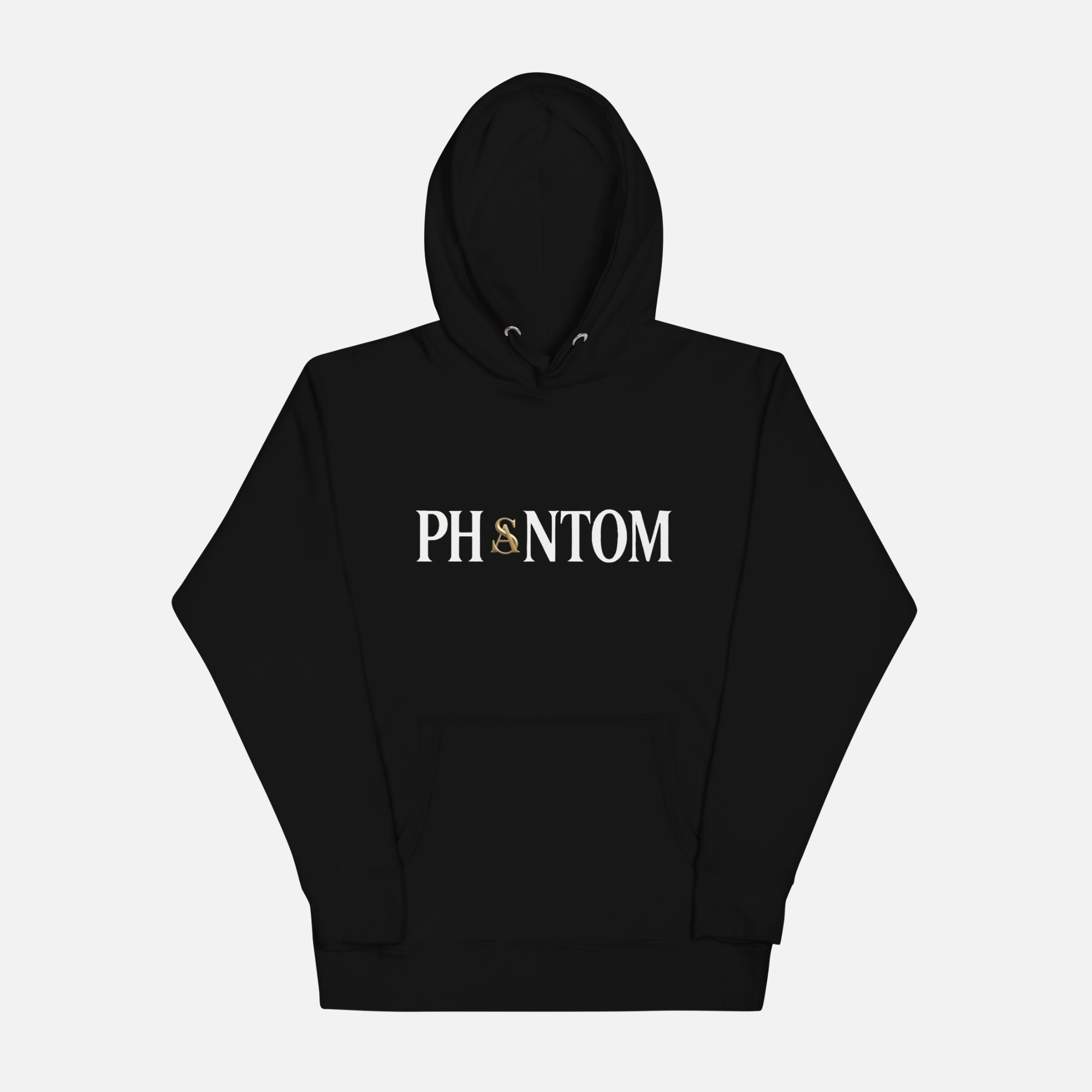 Black hoodie with 'PHANTOM' text on a white background