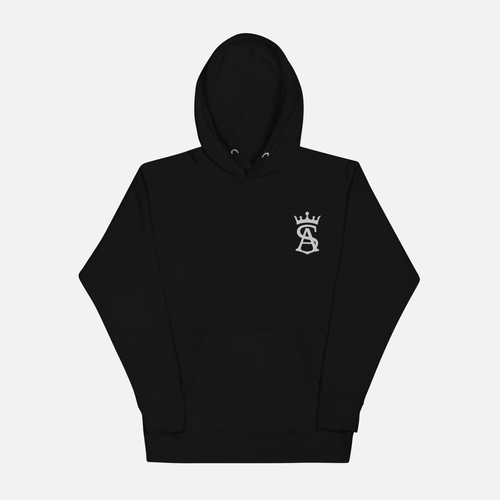 Black hoodie with a logo on the chest against a white background
