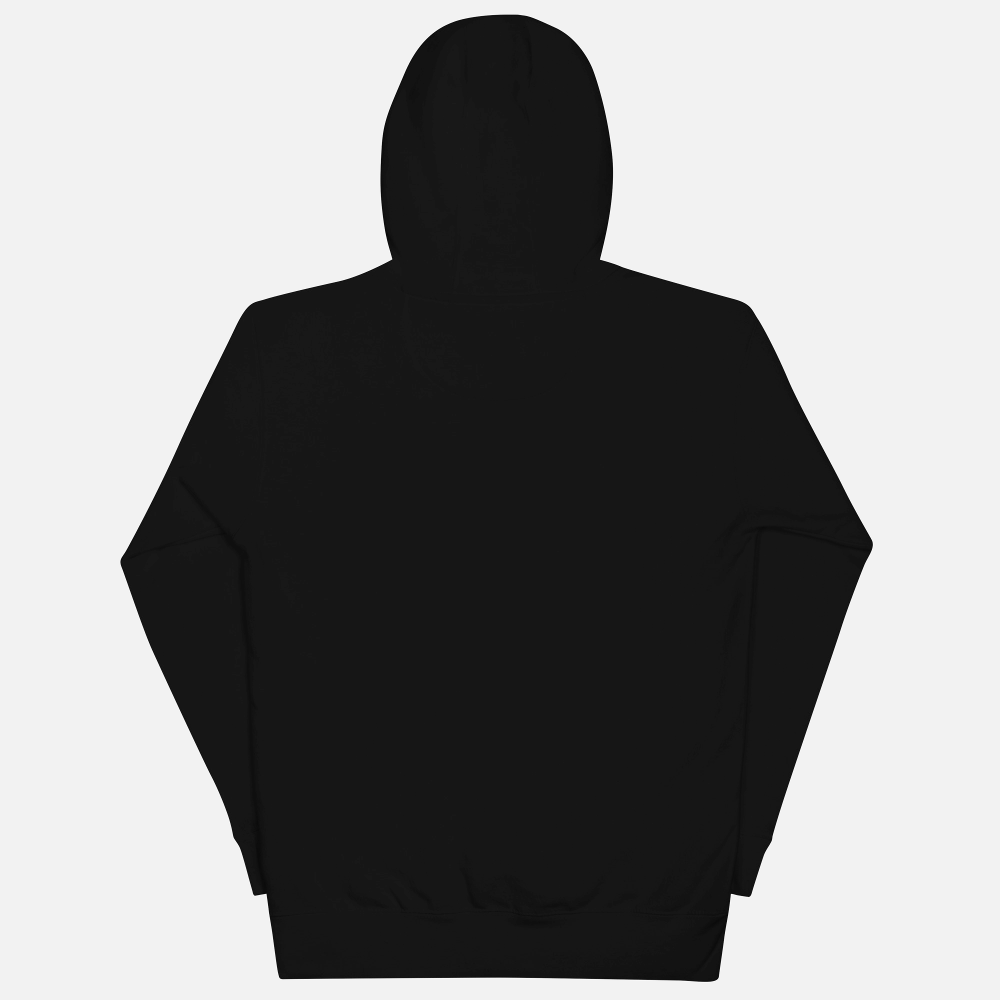 Black hoodie with a white logo on the chest against a white background