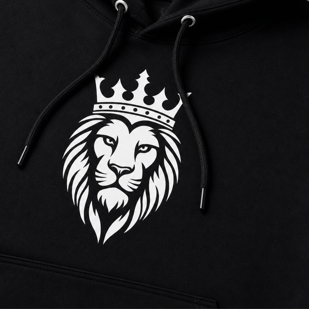 Black hoodie with a white lion wearing a crown design on the chest.