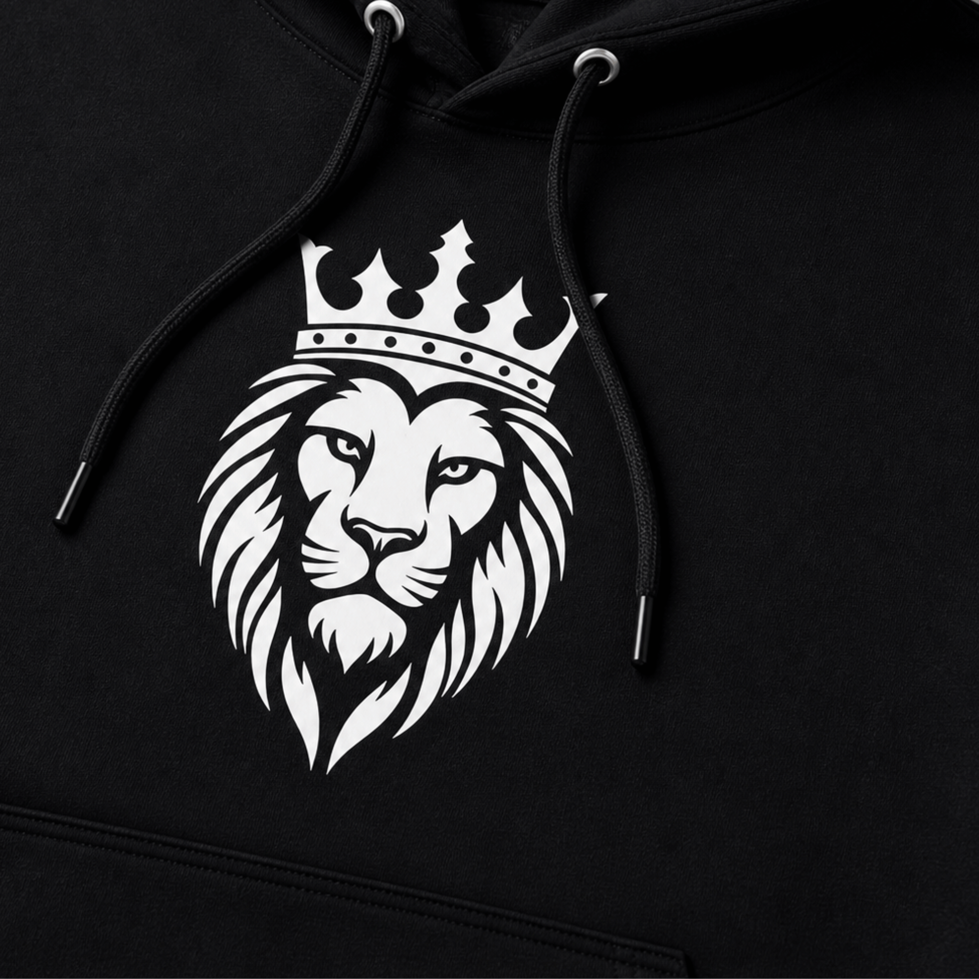 Black hoodie with a white lion wearing a crown design on the chest.