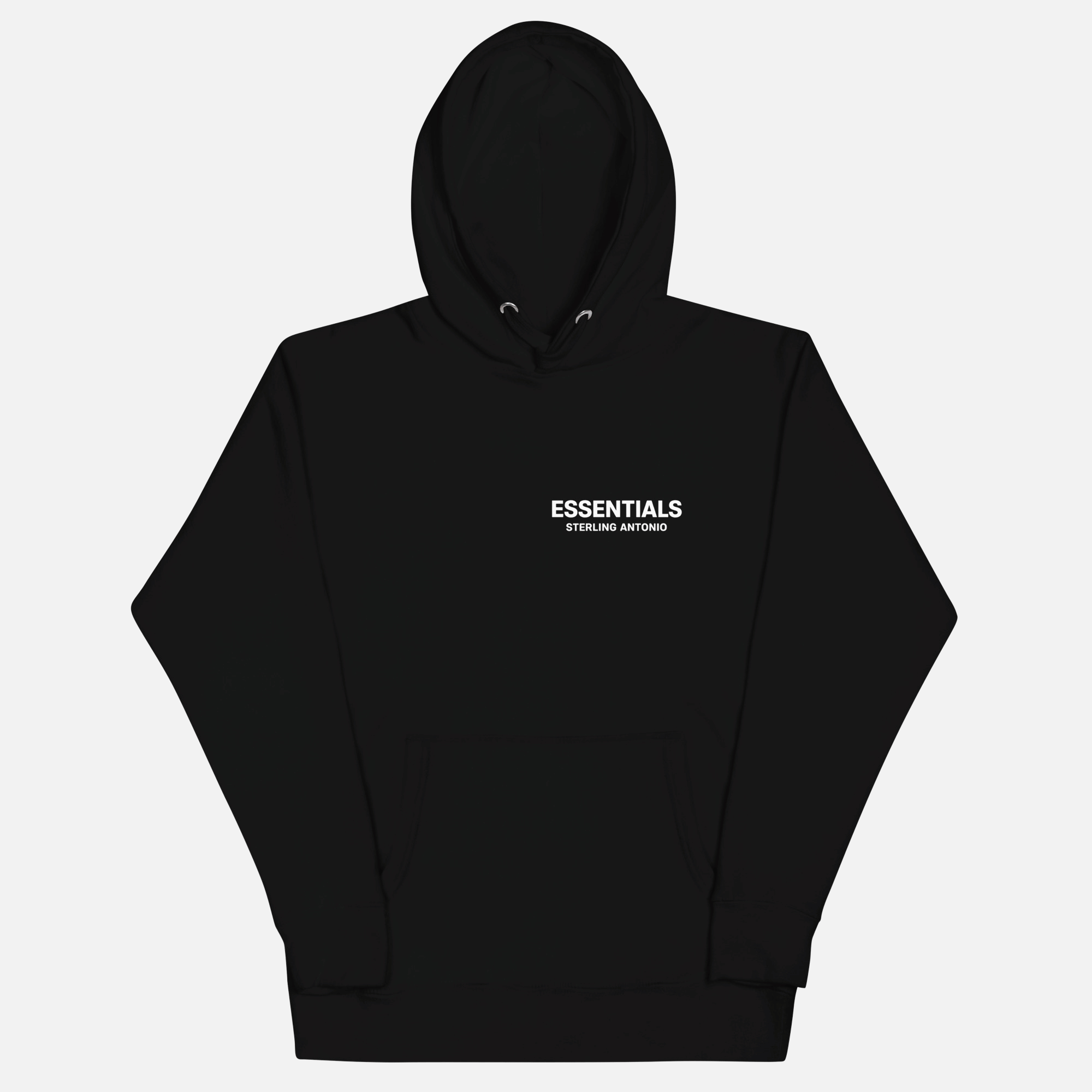 Black hoodie with a white logo on the chest against a white background