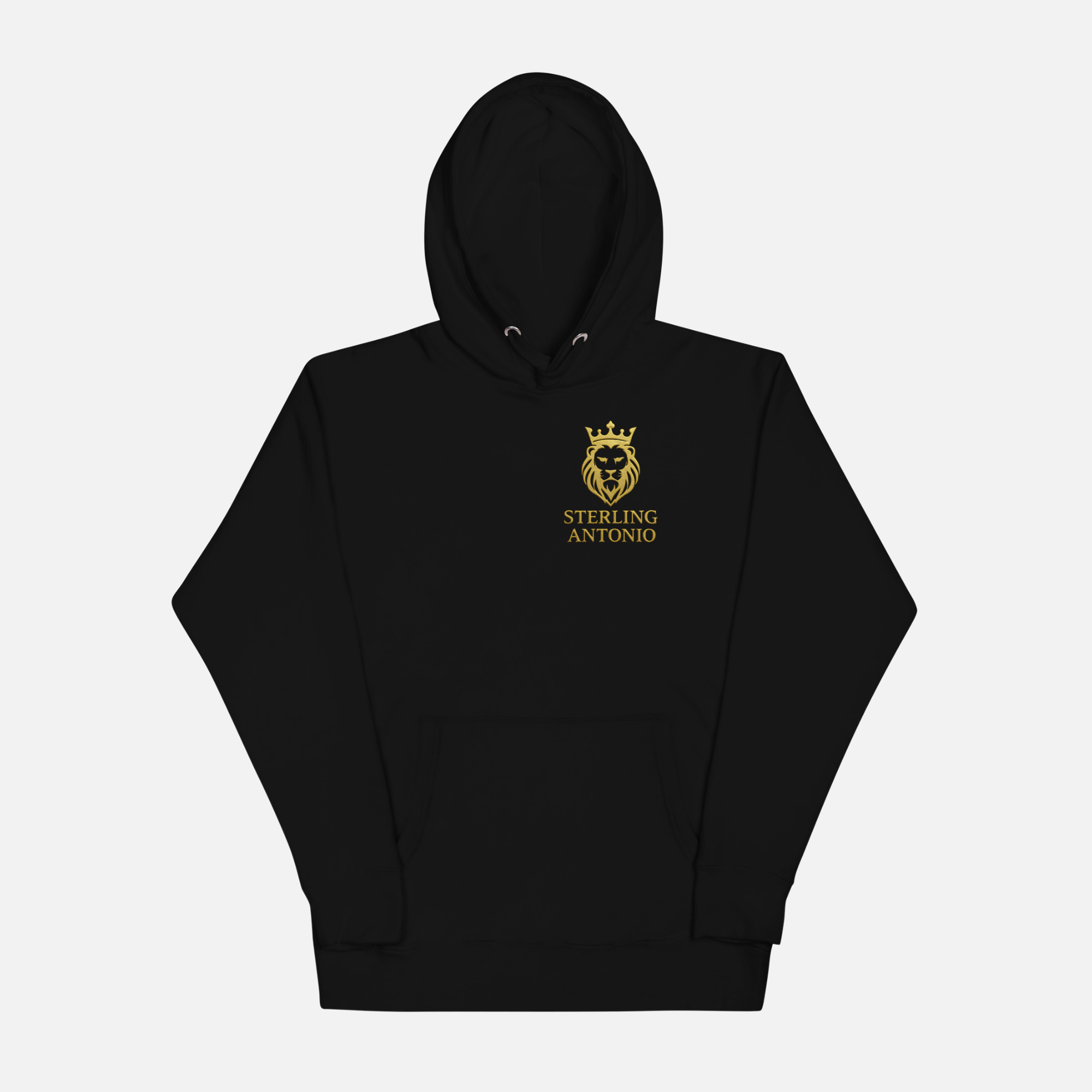 Black hoodie with gold logo and text on a white background