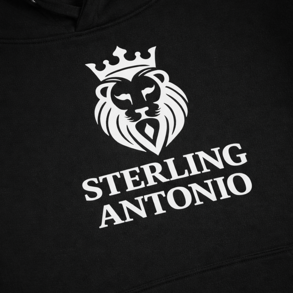 Black hoodie with white lion logo and 'Sterling Antonio' text
