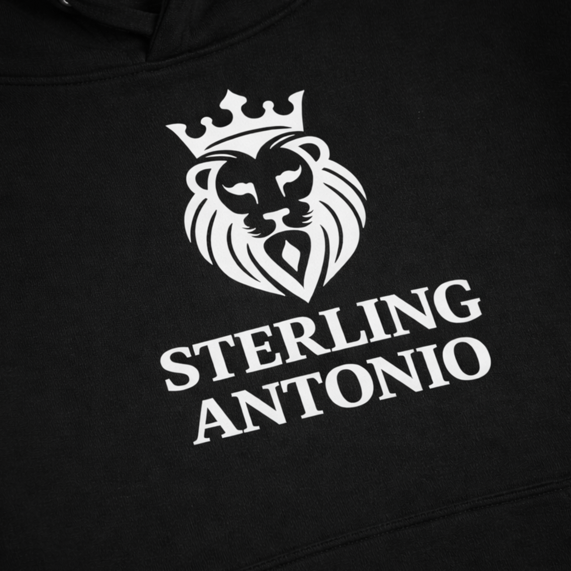 Black hoodie with white lion logo and 'Sterling Antonio' text