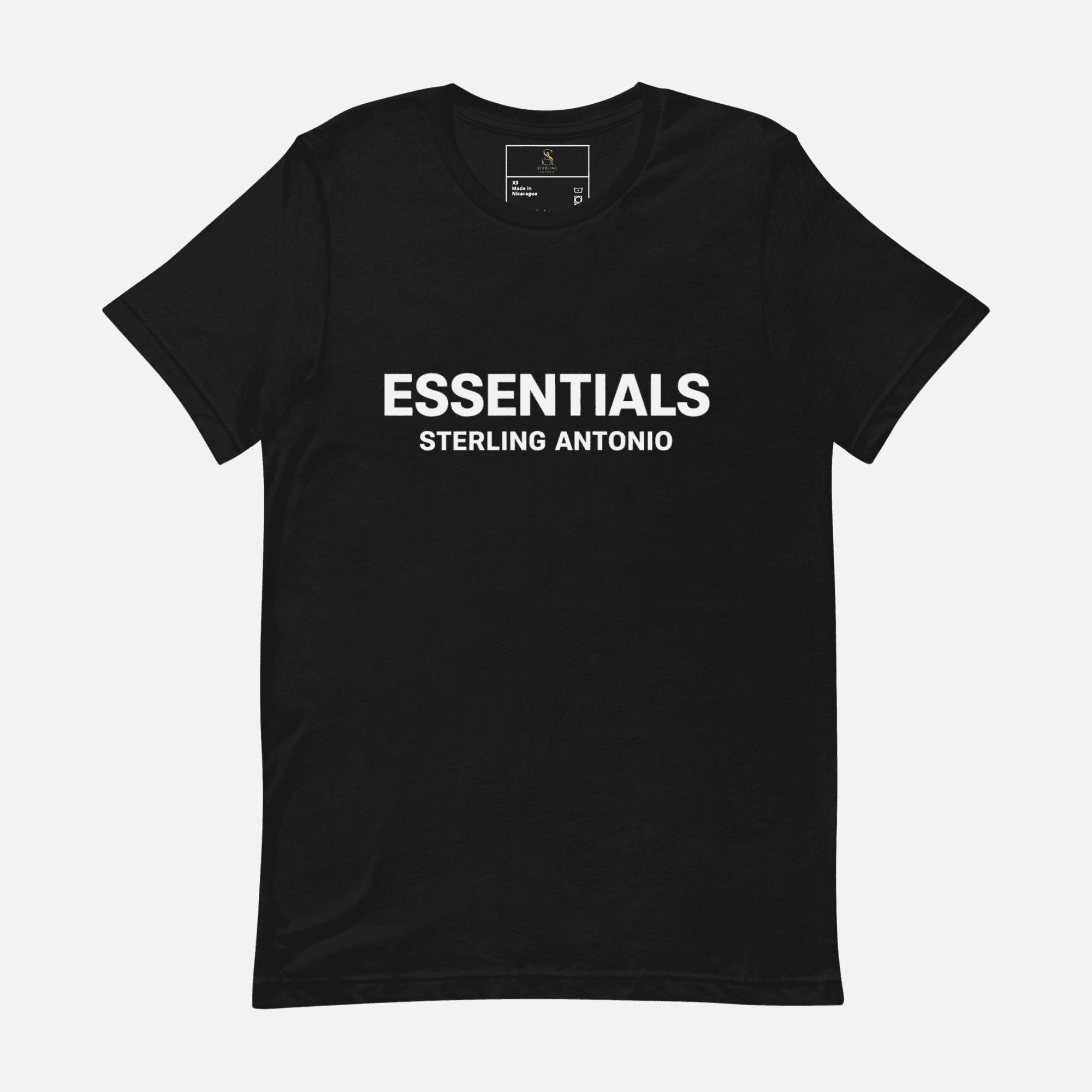 Black t-shirt with 'ESSENTIALS' and 'STERLING ANTONIO' text on a white background
