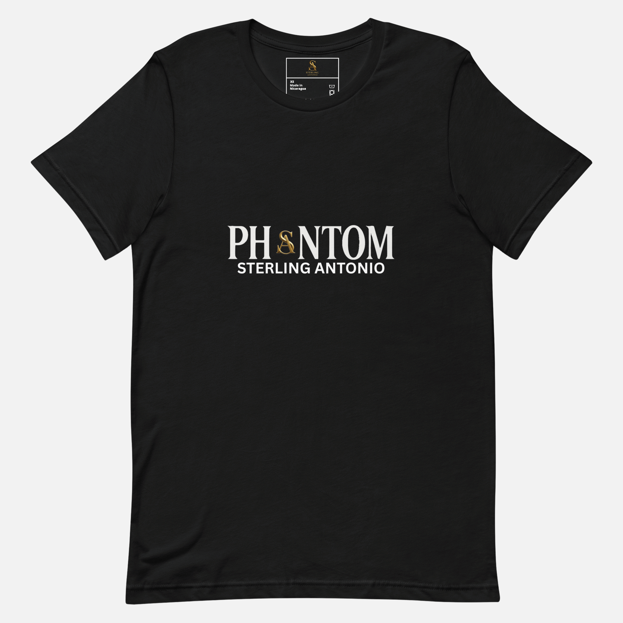 Black t-shirt with 'PHANTOM STERLING ANTONIO' text on a white background