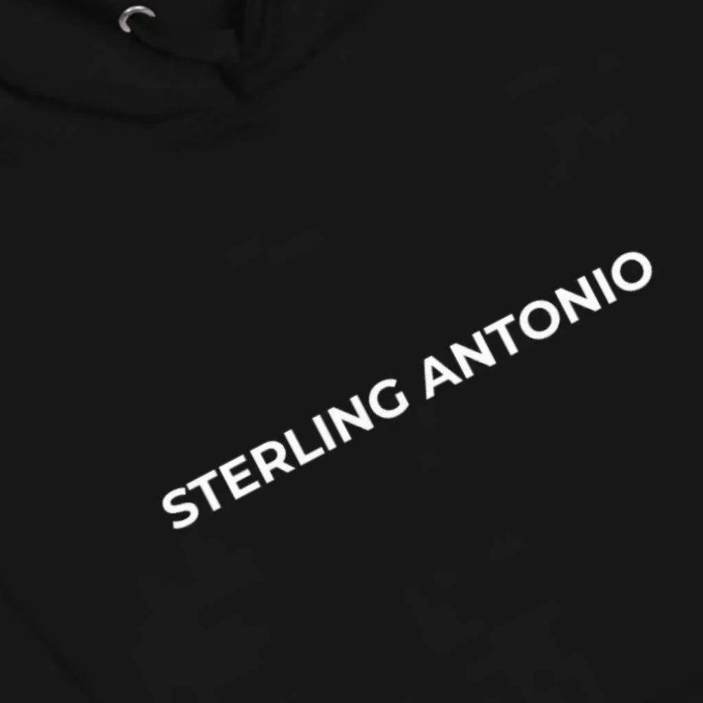 Black hoodie with 'STERLING ANTONIO' printed in white on a black background