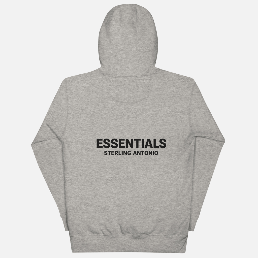 Rear view of Sterling Antonio carbon grey essentials pullover hoodie featuring oversized black Essentials Sterling Antonio back print 
