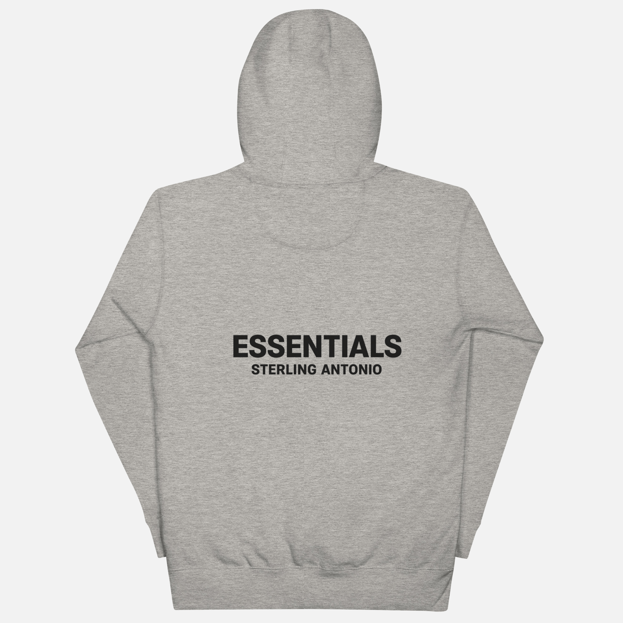 Rear view of Sterling Antonio carbon grey essentials pullover hoodie featuring oversized black Essentials Sterling Antonio back print 