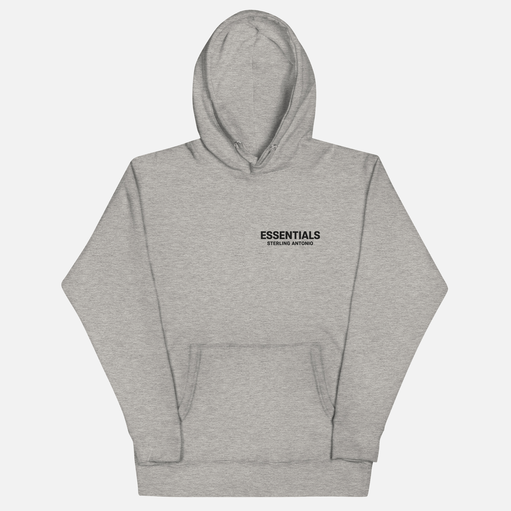 Sterling Antonio carbon grey essentials pullover hoodie featuring minimalist black chest logo print.