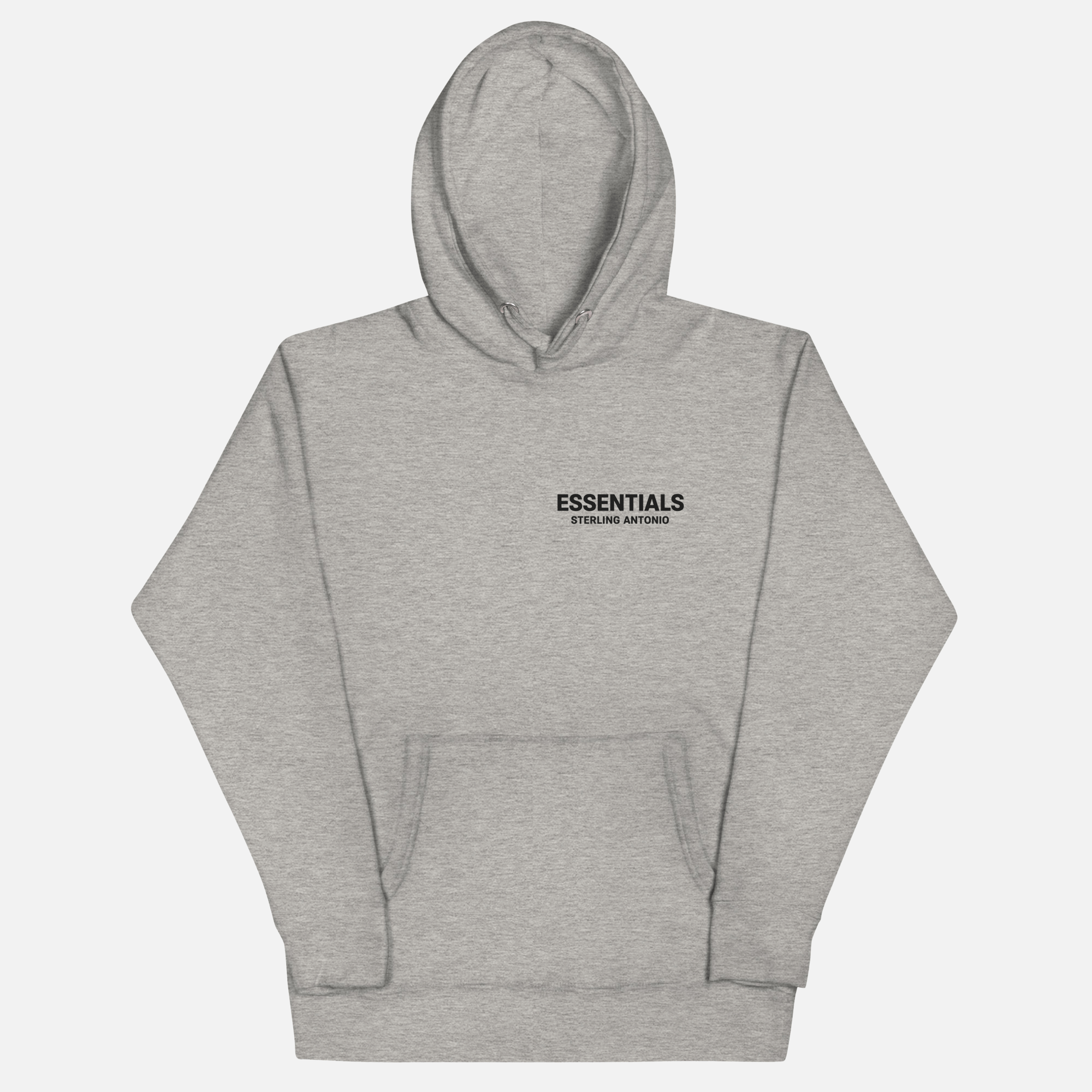 Sterling Antonio carbon grey essentials pullover hoodie featuring minimalist black chest logo print.