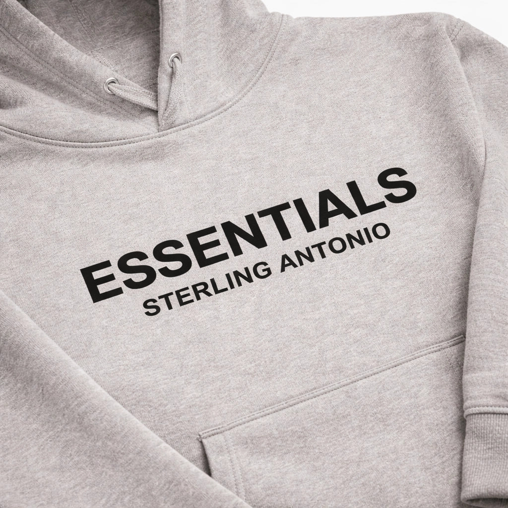 Gray hoodie with 'ESSENTIALS STERLING ANTONIO' text on a white background