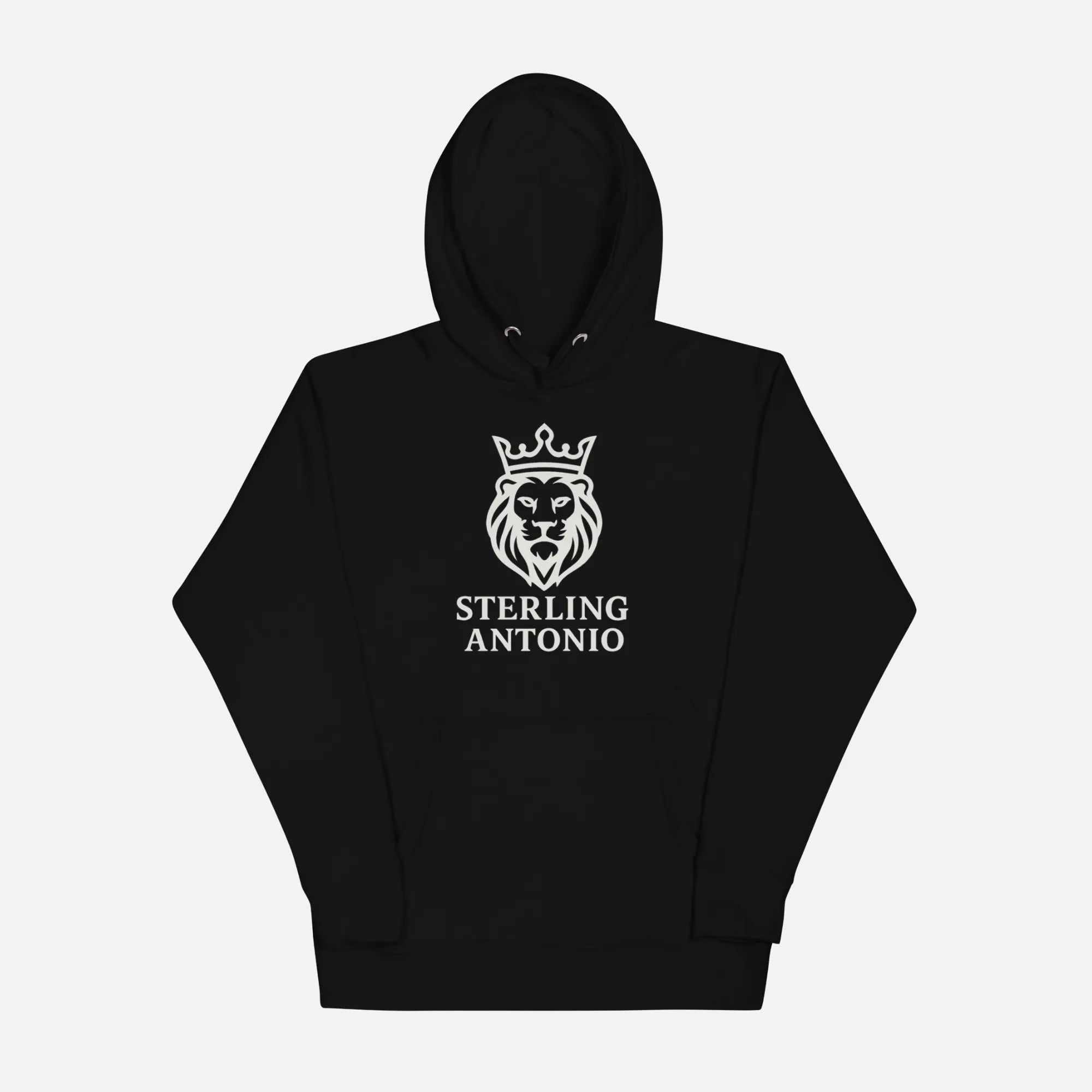 Black hoodie with a white lion logo and text on a light gray background