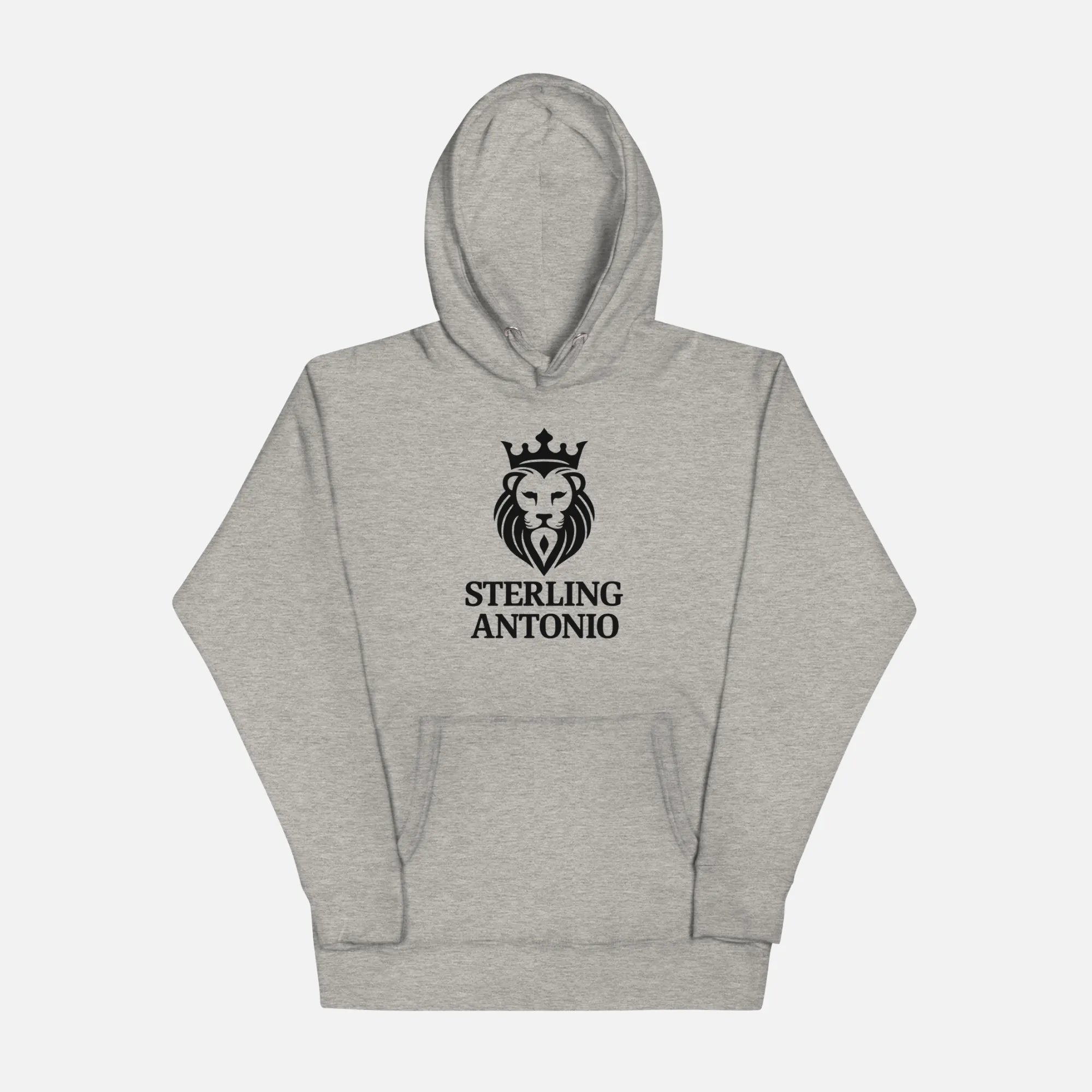 Gray hoodie with a lion logo and 'Sterling Antonio' text on a white background