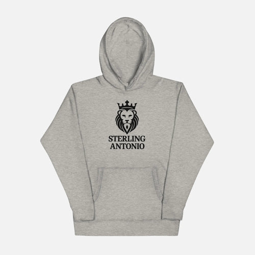 Gray hoodie with a lion logo and 'Sterling Antonio' text on a white background