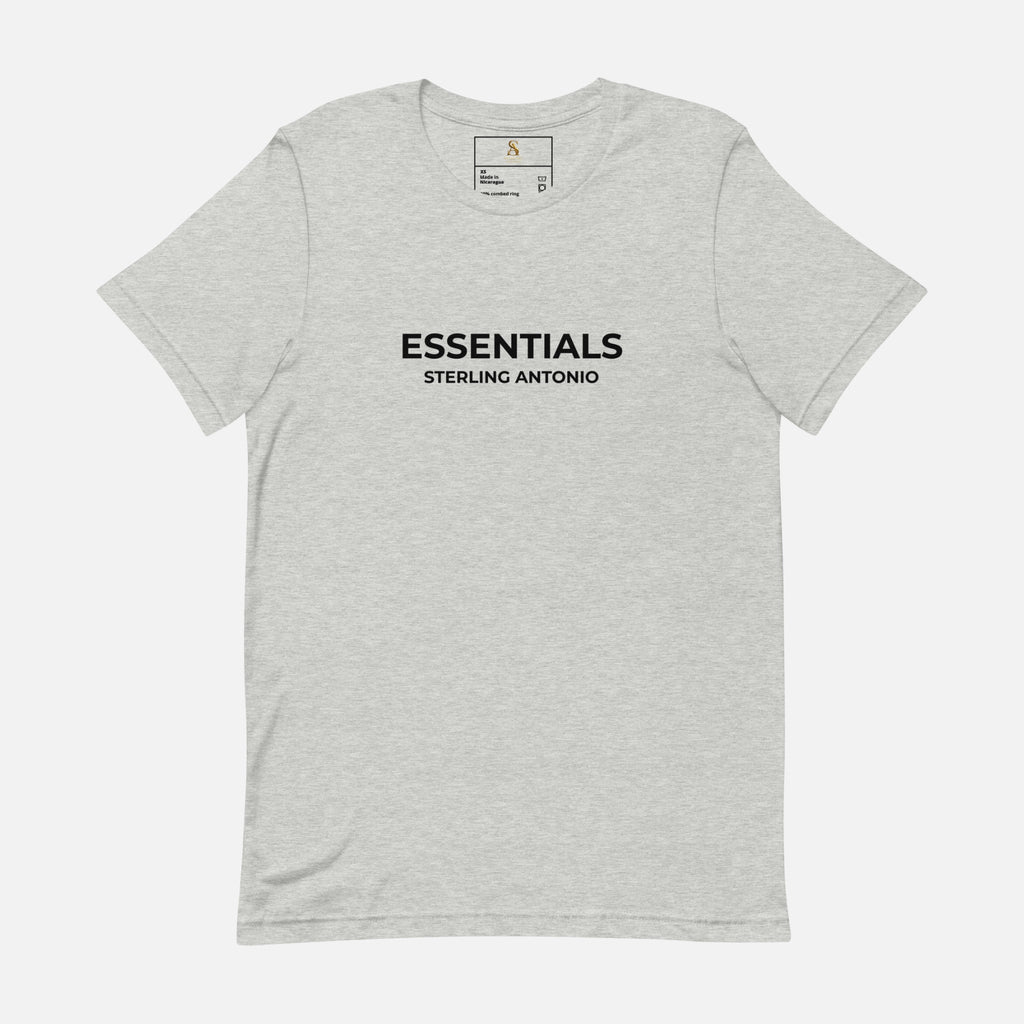 Gray t-shirt with 'ESSENTIALS' and 'STERLING ANTONIO' text on a white background