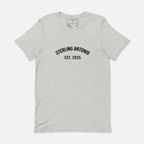 Gray t-shirt with 'STERLING ANTONIO EST. 2025' text on a white background