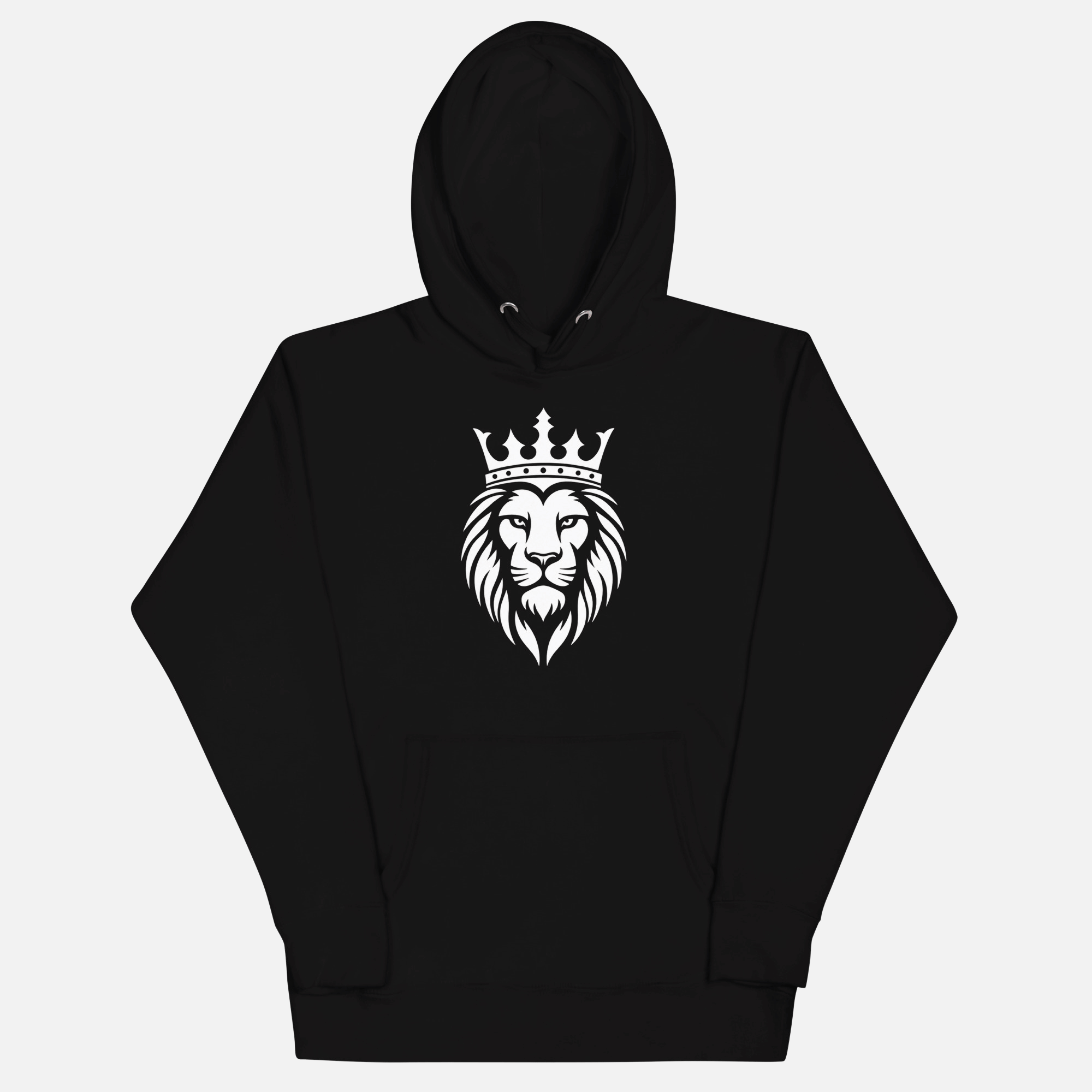 Front view of black hoodie with a white logo on the chest against a white background