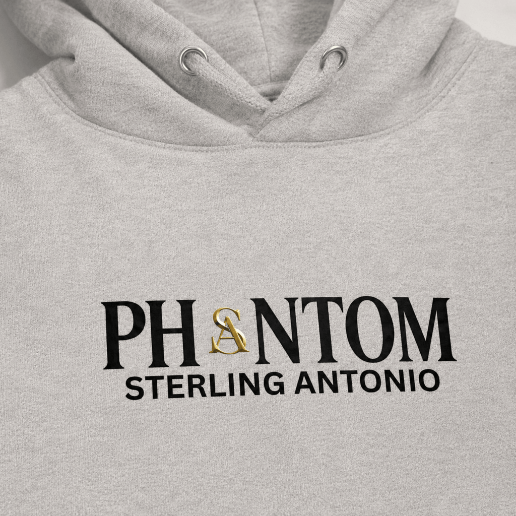 Gray hoodie with 'PHANTOM Sterling Antonio' logo on a plain background