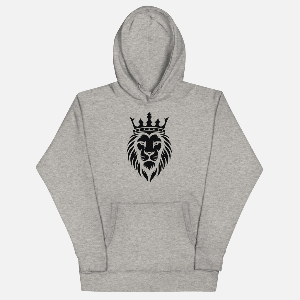 Gray hoodie with a black lion and crown design on a white background