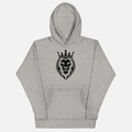 Gray hoodie with a black lion and crown design on a white background