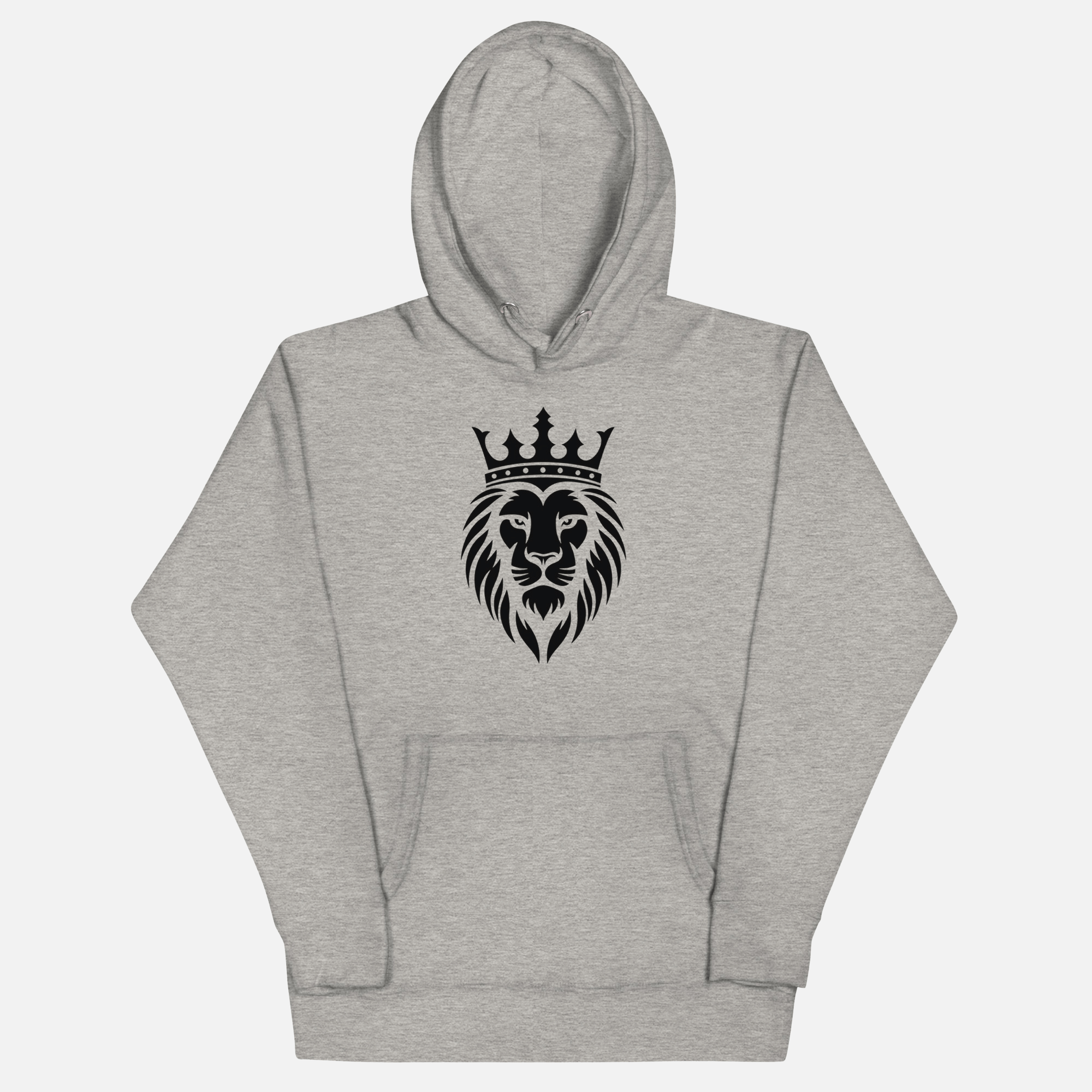 Gray hoodie with a black lion and crown design on a white background