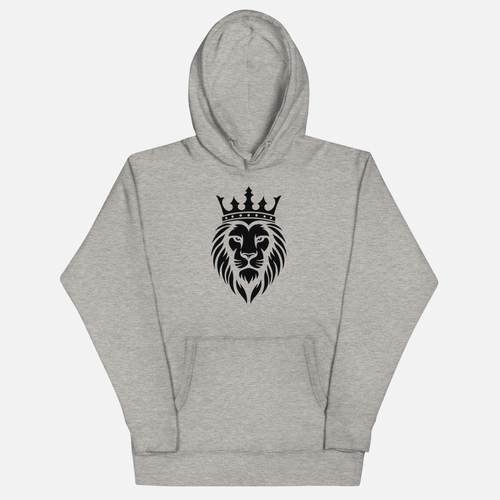 Gray hoodie with a black lion and crown design on a white background