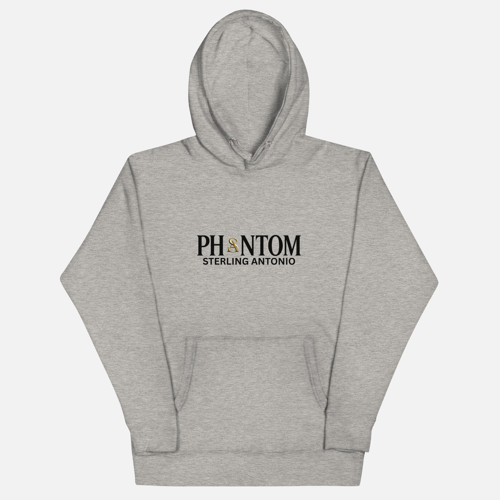 Gray hoodie with a black dog illustration on a white background