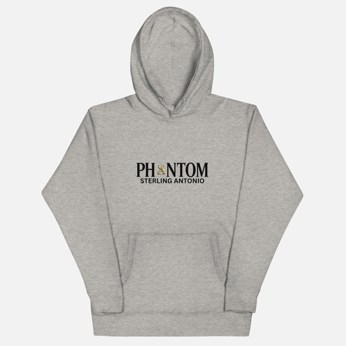 Gray hoodie with a black dog illustration on a white background