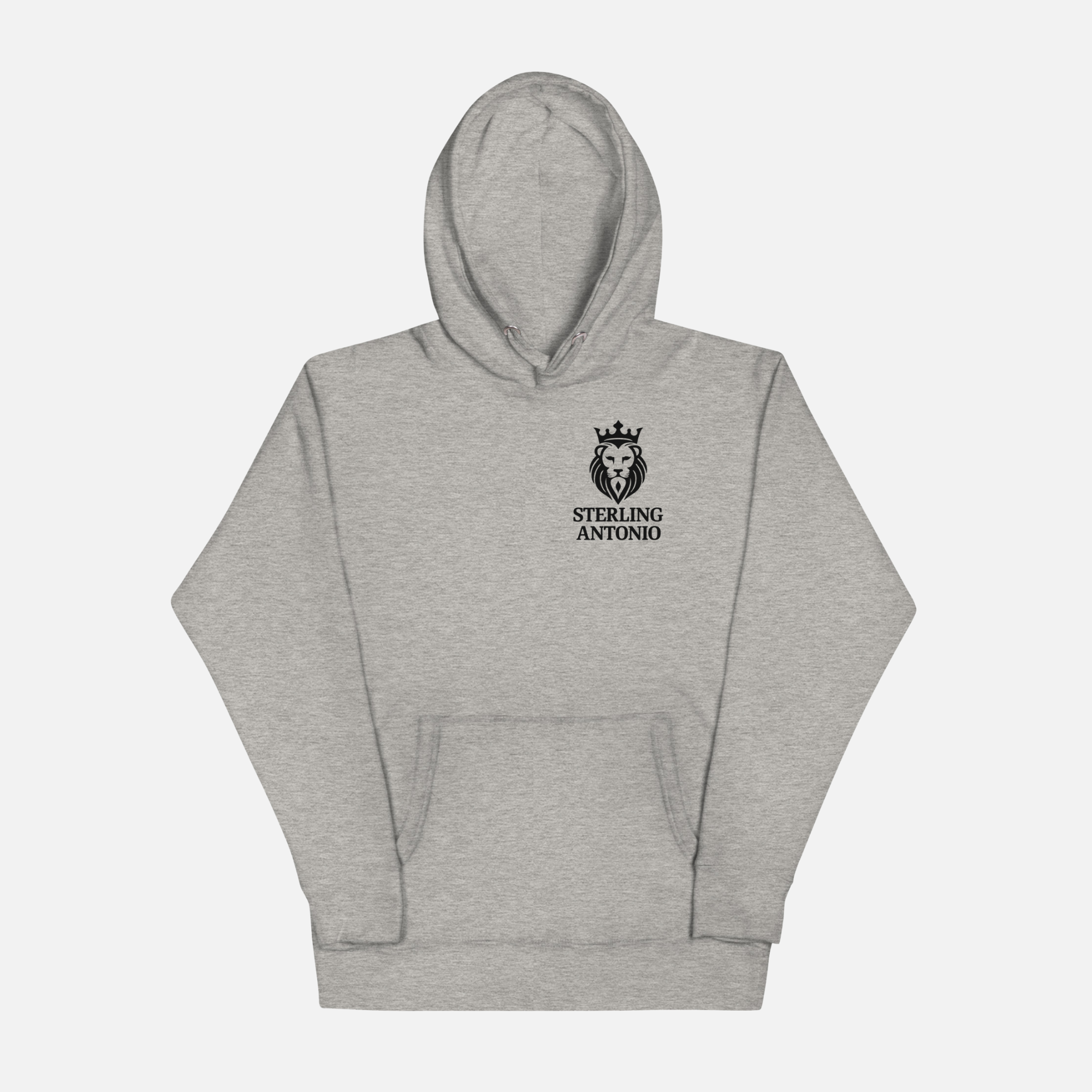Gray hoodie with a logo and text on a white background