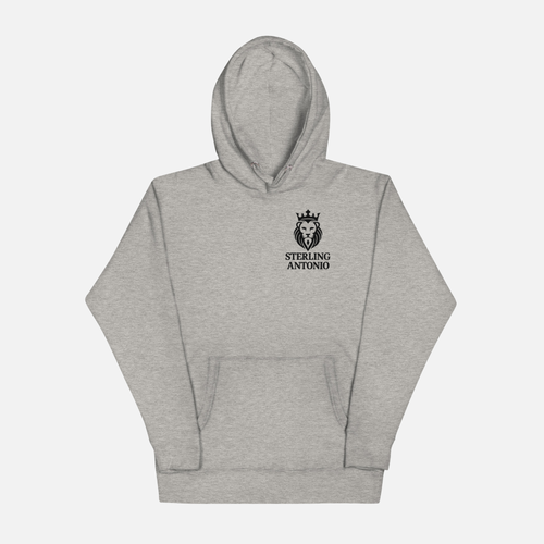 Gray hoodie with a logo and text on a white background