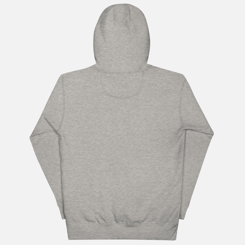 Gray hoodie with colorful graphic designs on the back against a white background