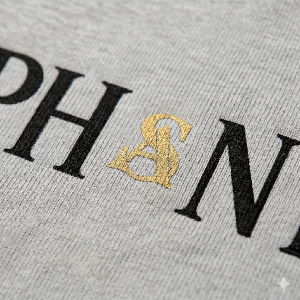 Gray sweatshirt with black text and a gold logo on a gray background